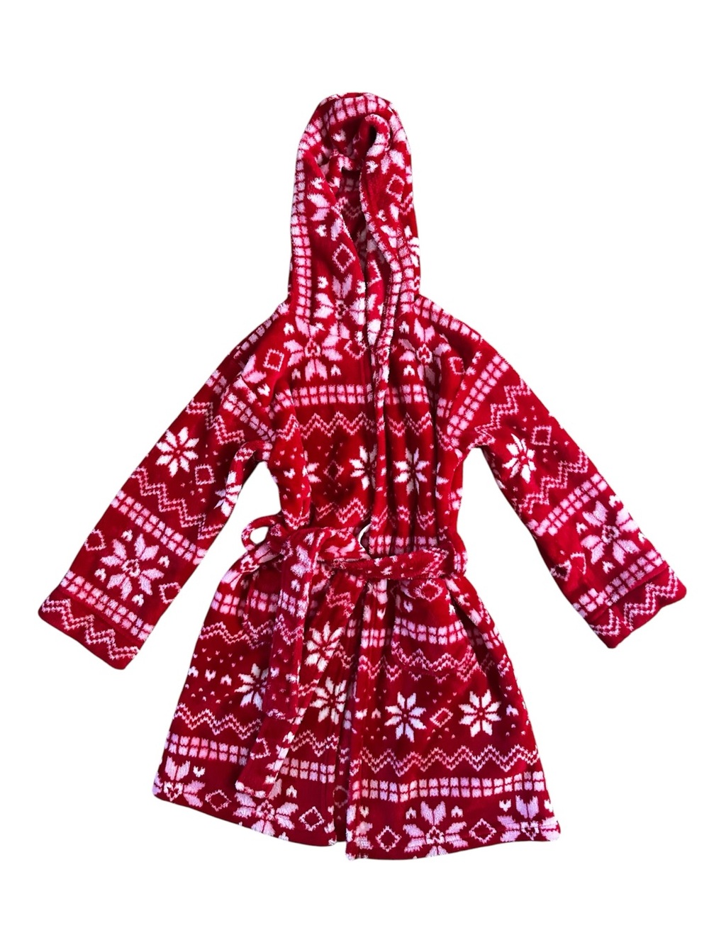 Cuddl Duds Red and White Hooded Kids Fleece Robe with Snowflake Print
